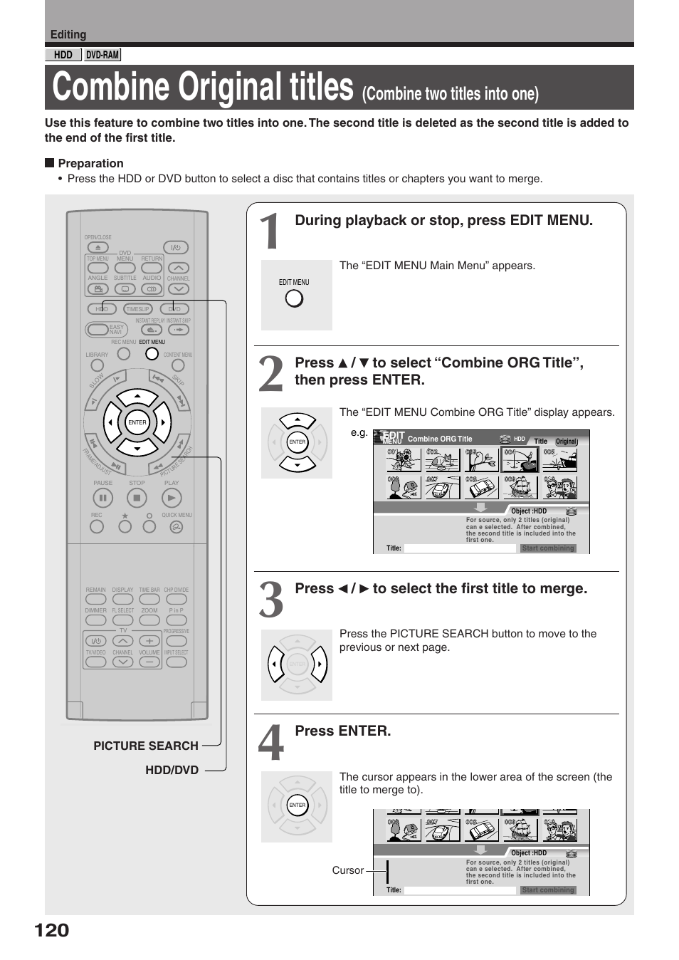 Combine original titles, Combine two titles into one), During playback or stop, press edit menu | Press / to select the first title to merge, Press enter | Toshiba RD-XS32SU User Manual | Page 120 / 179