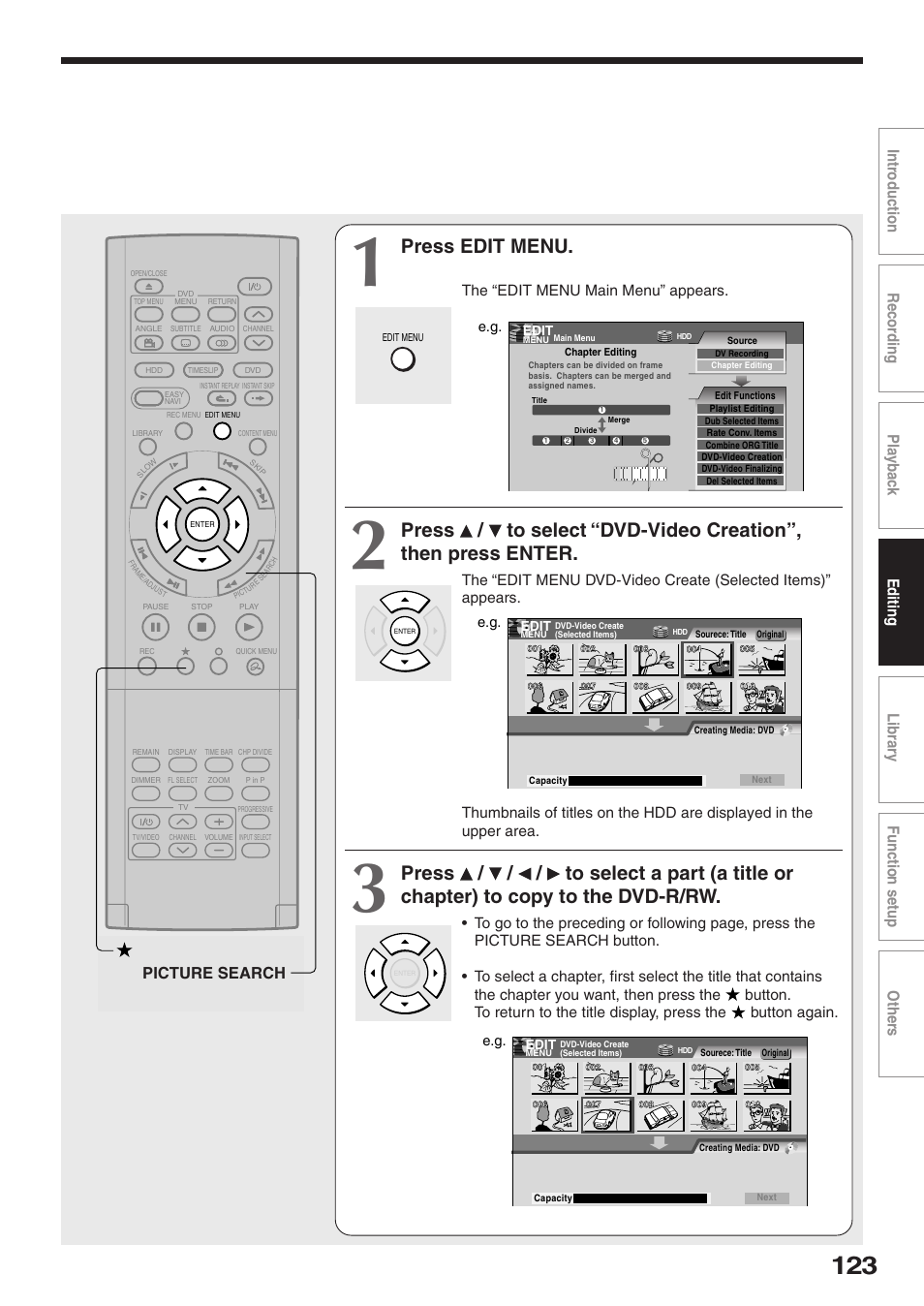 Press edit menu, Picture search, The “edit menu main menu” appears | Toshiba RD-XS32SU User Manual | Page 123 / 179