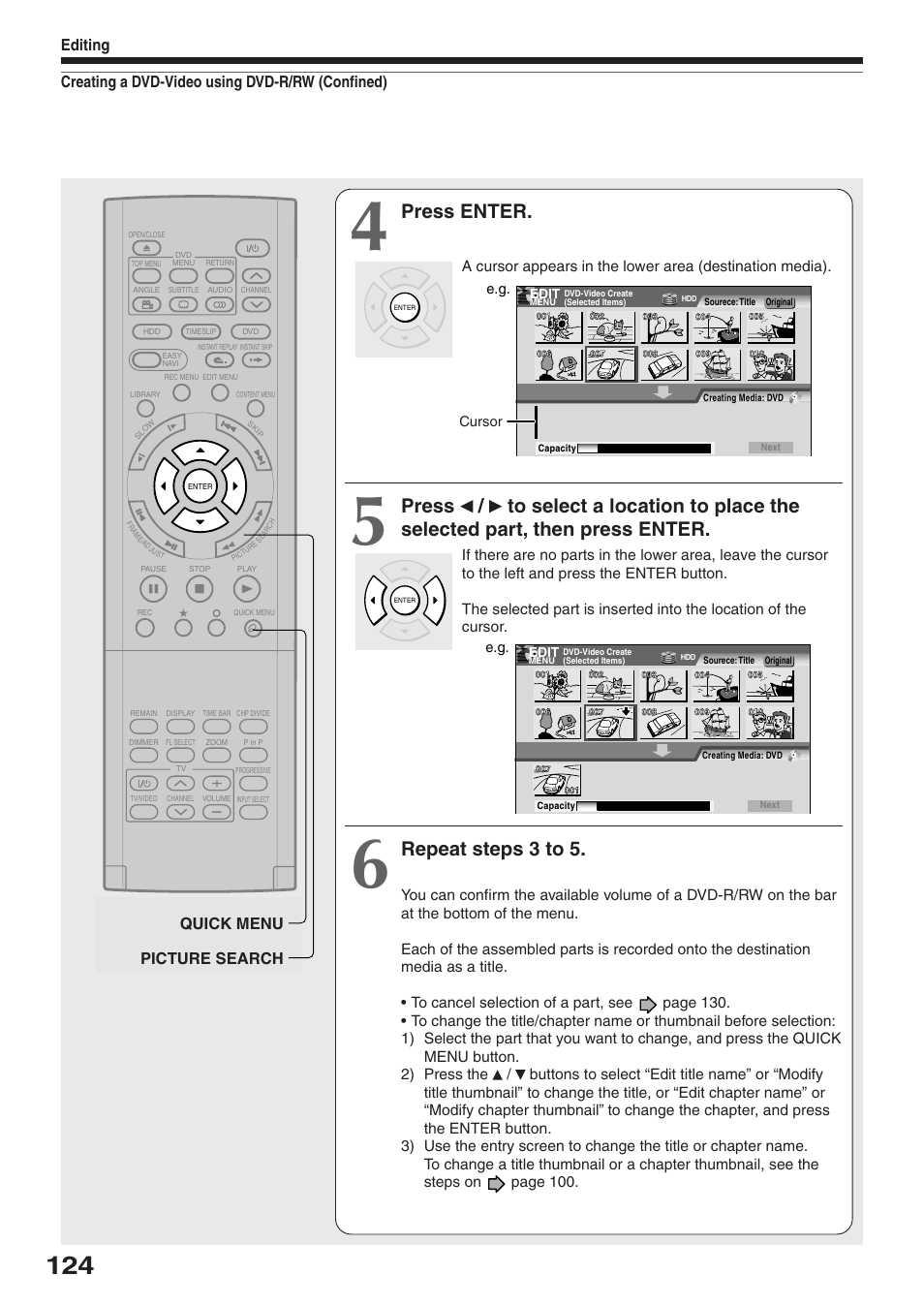 Press enter, Repeat steps 3 to 5, Picture search quick menu | Toshiba RD-XS32SU User Manual | Page 124 / 179