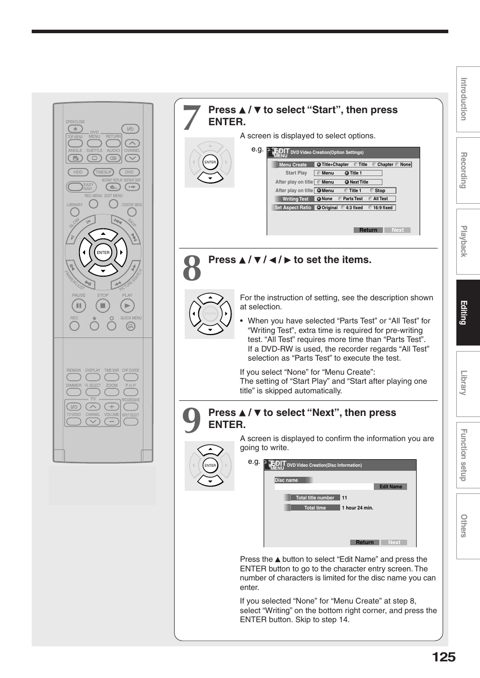 Press / to select “start”, then press enter, Press / / / to set the items, Press / to select “next”, then press enter | A screen is displayed to select options | Toshiba RD-XS32SU User Manual | Page 125 / 179