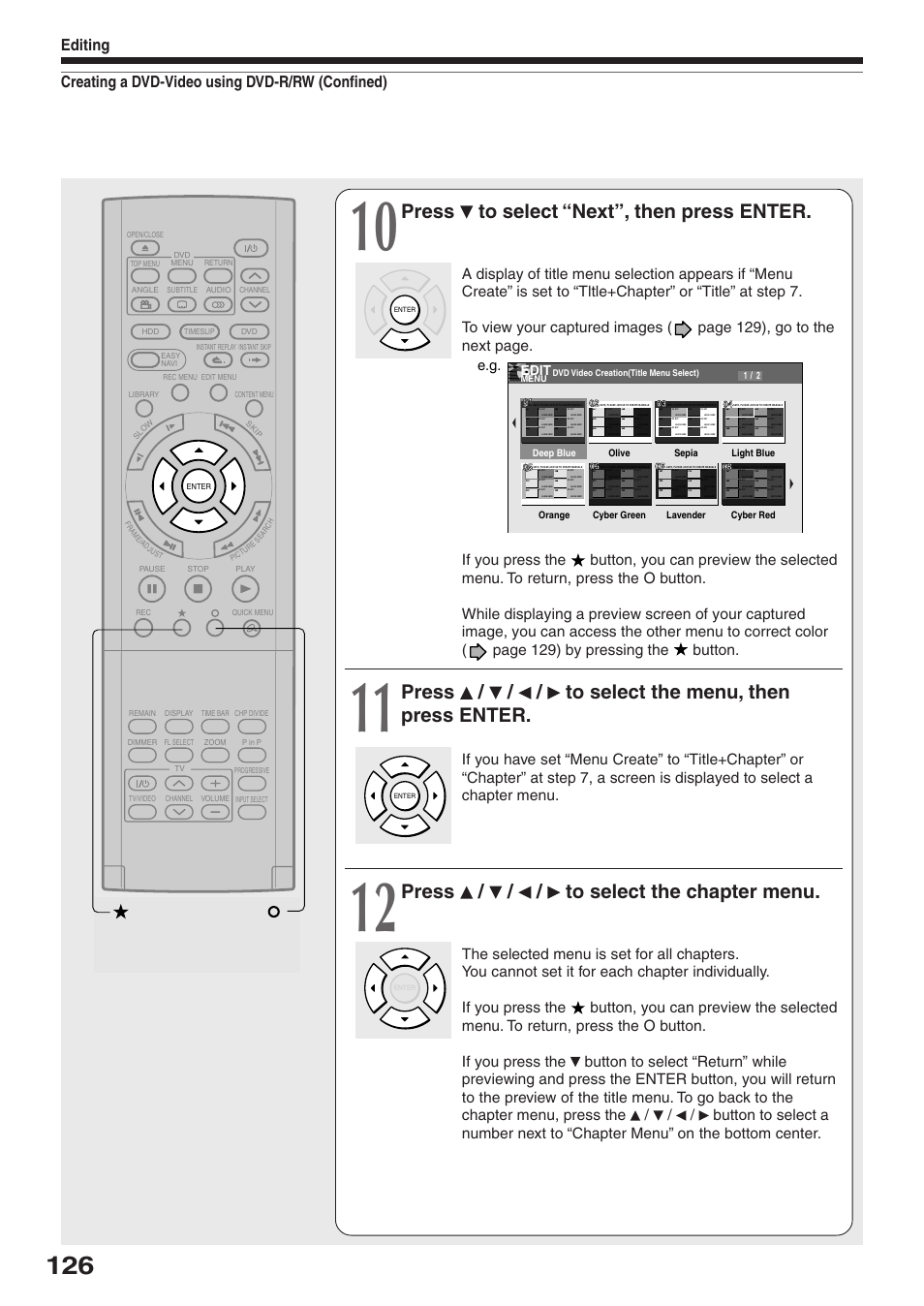 Press to select “next”, then press enter, Press / / / to select the menu, then press enter, Press / / / to select the chapter menu | Edit | Toshiba RD-XS32SU User Manual | Page 126 / 179