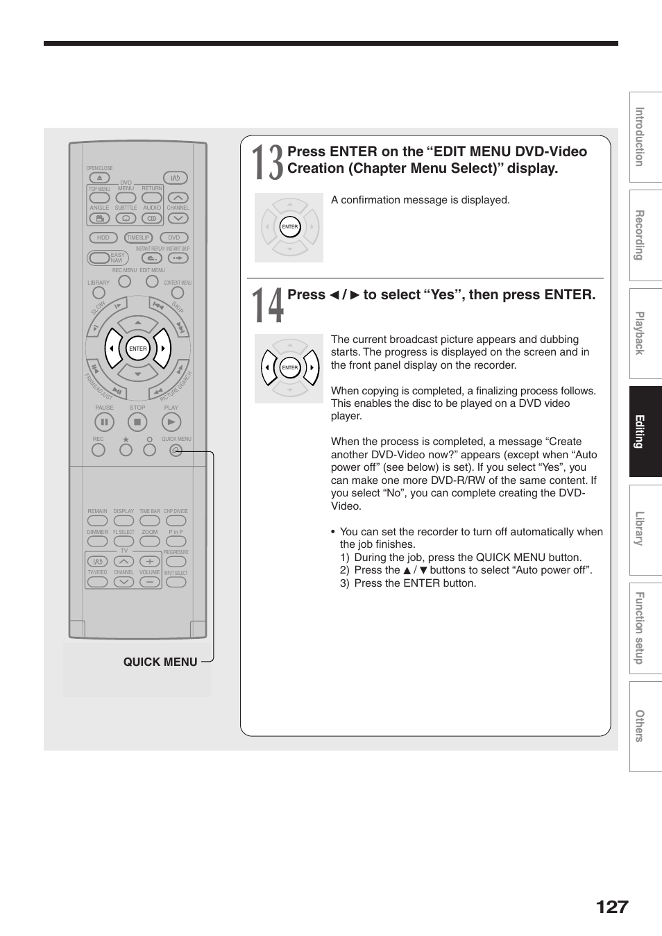 Press / to select “yes”, then press enter, Quick menu | Toshiba RD-XS32SU User Manual | Page 127 / 179