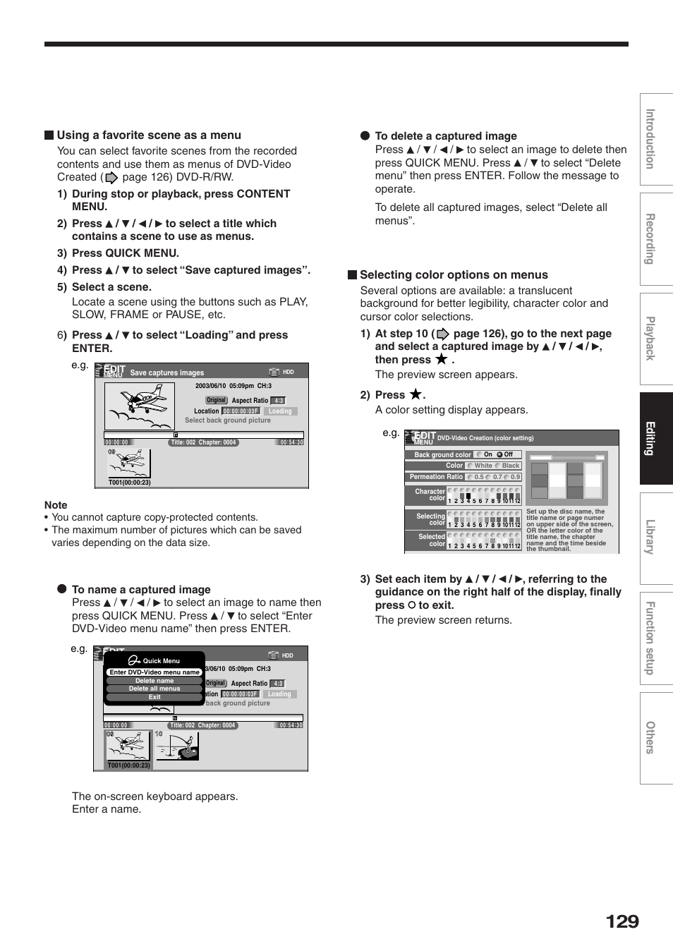 Selecting color options on menus | Toshiba RD-XS32SU User Manual | Page 129 / 179