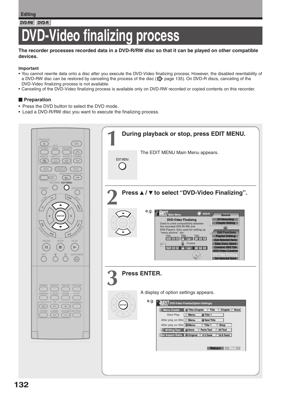 Dvd-video finalizing process, During playback or stop, press edit menu, Press / to select “dvd-video finalizing | Press enter, Preparation, Editing, The edit menu main menu appears, A display of option settings appears | Toshiba RD-XS32SU User Manual | Page 132 / 179