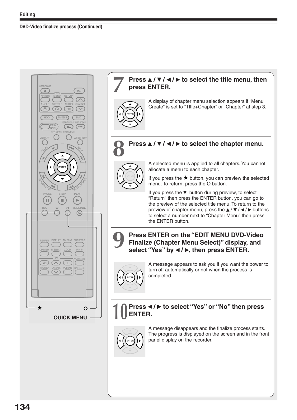 Press / / / to select the chapter menu, Press / to select “yes” or “no” then press enter | Toshiba RD-XS32SU User Manual | Page 134 / 179