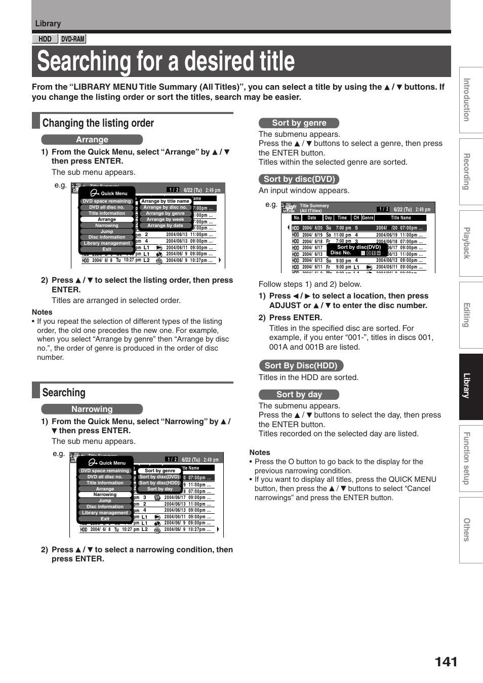 Searching for a desired title, Changing the listing order, Searching | Arrange, Narrowing, Sort by genre, Sort by disc(dvd), Sort by disc(hdd), Sort by day, Titles in the hdd are sorted | Toshiba RD-XS32SU User Manual | Page 141 / 179