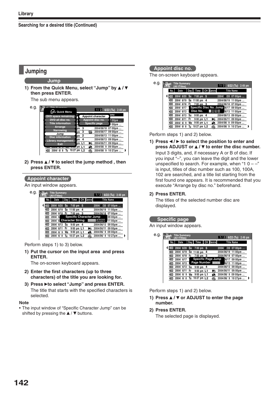 Jumping, Searching for a desired title (continued) library, Jump | Appoint character, Appoint disc no, Specific page | Toshiba RD-XS32SU User Manual | Page 142 / 179