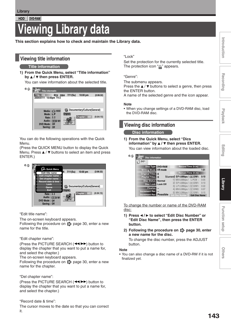 Viewing library data, Viewing title information, Viewing disc information | Library, Title information, Disc information | Toshiba RD-XS32SU User Manual | Page 143 / 179