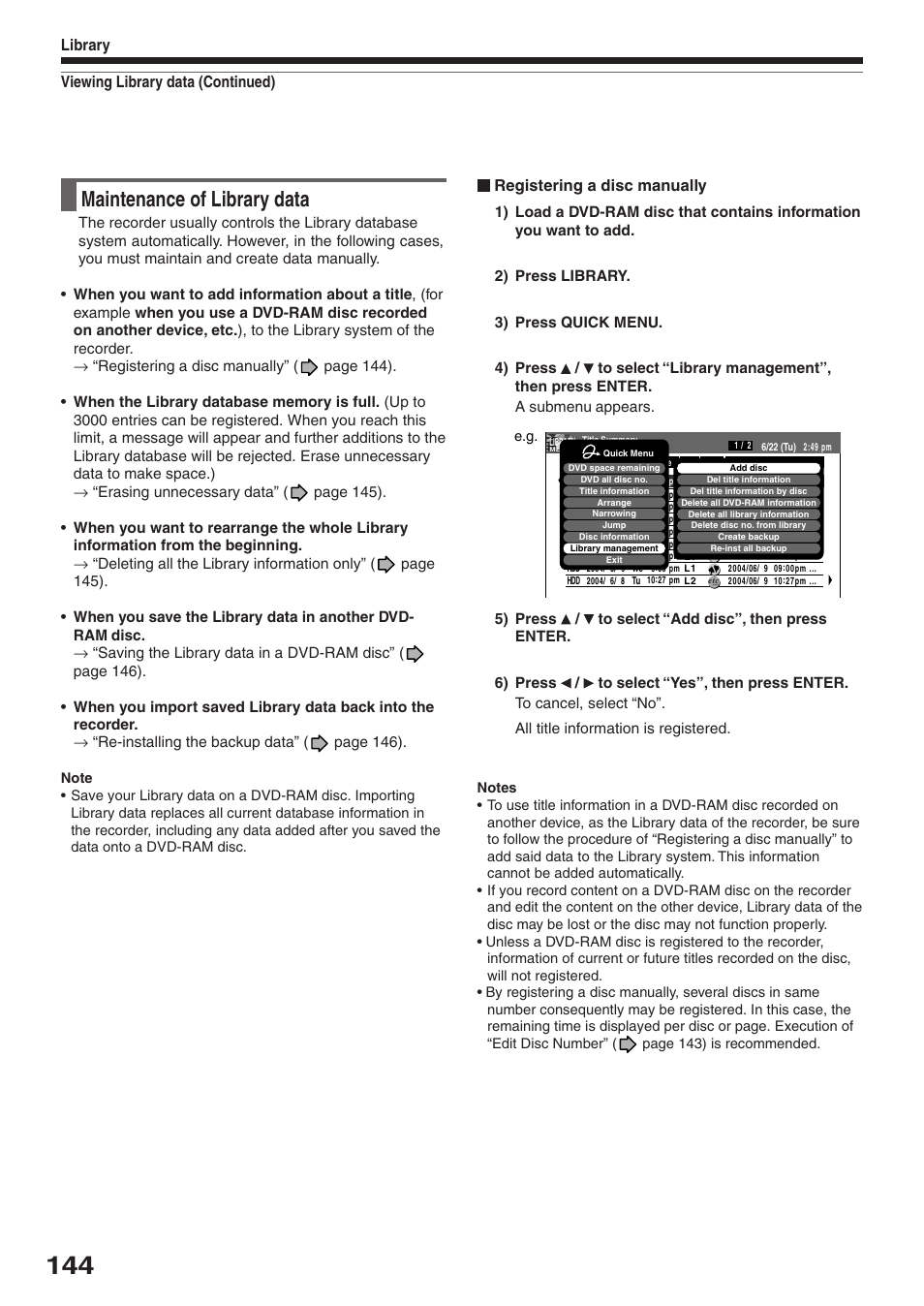 Maintenance of library data, Viewing library data (continued) library, Registering a disc manually | Toshiba RD-XS32SU User Manual | Page 144 / 179