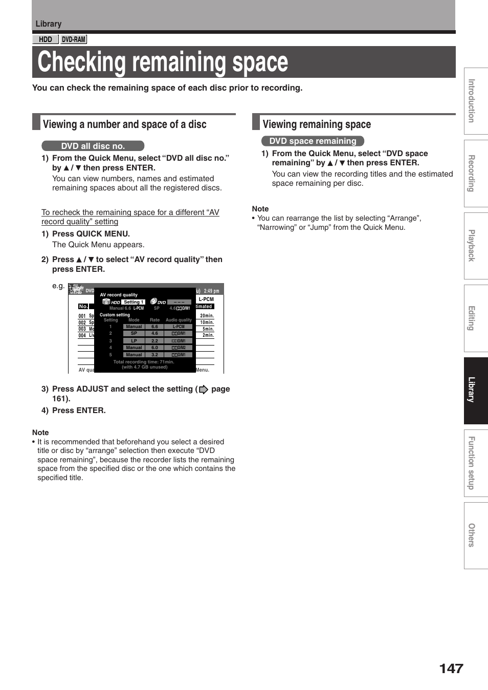 Checking remaining space, Viewing a number and space of a disc, Viewing remaining space | Dvd all disc no, Dvd space remaining | Toshiba RD-XS32SU User Manual | Page 147 / 179