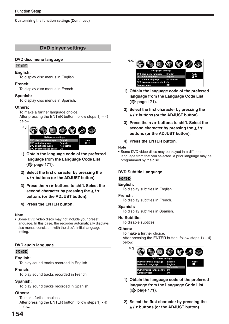 Dvd player settings | Toshiba RD-XS32SU User Manual | Page 154 / 179