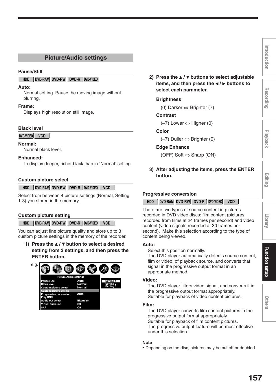 Picture/audio settings | Toshiba RD-XS32SU User Manual | Page 157 / 179