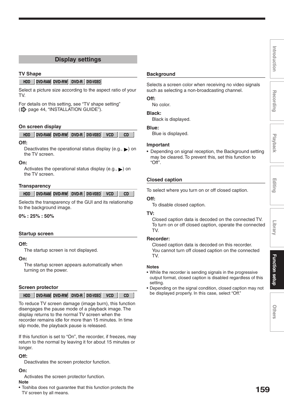 Display settings | Toshiba RD-XS32SU User Manual | Page 159 / 179