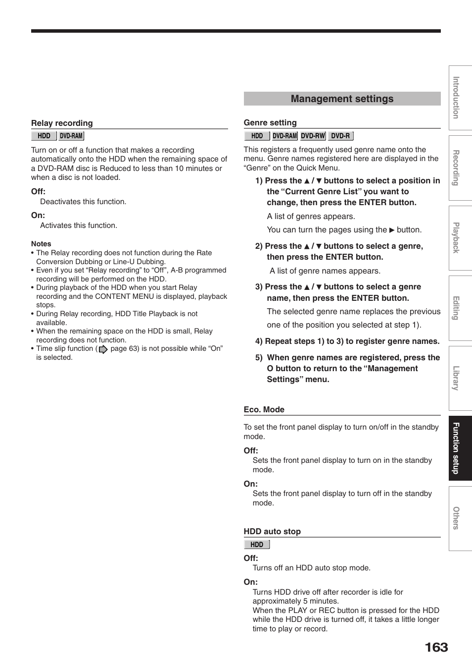 Management settings | Toshiba RD-XS32SU User Manual | Page 163 / 179