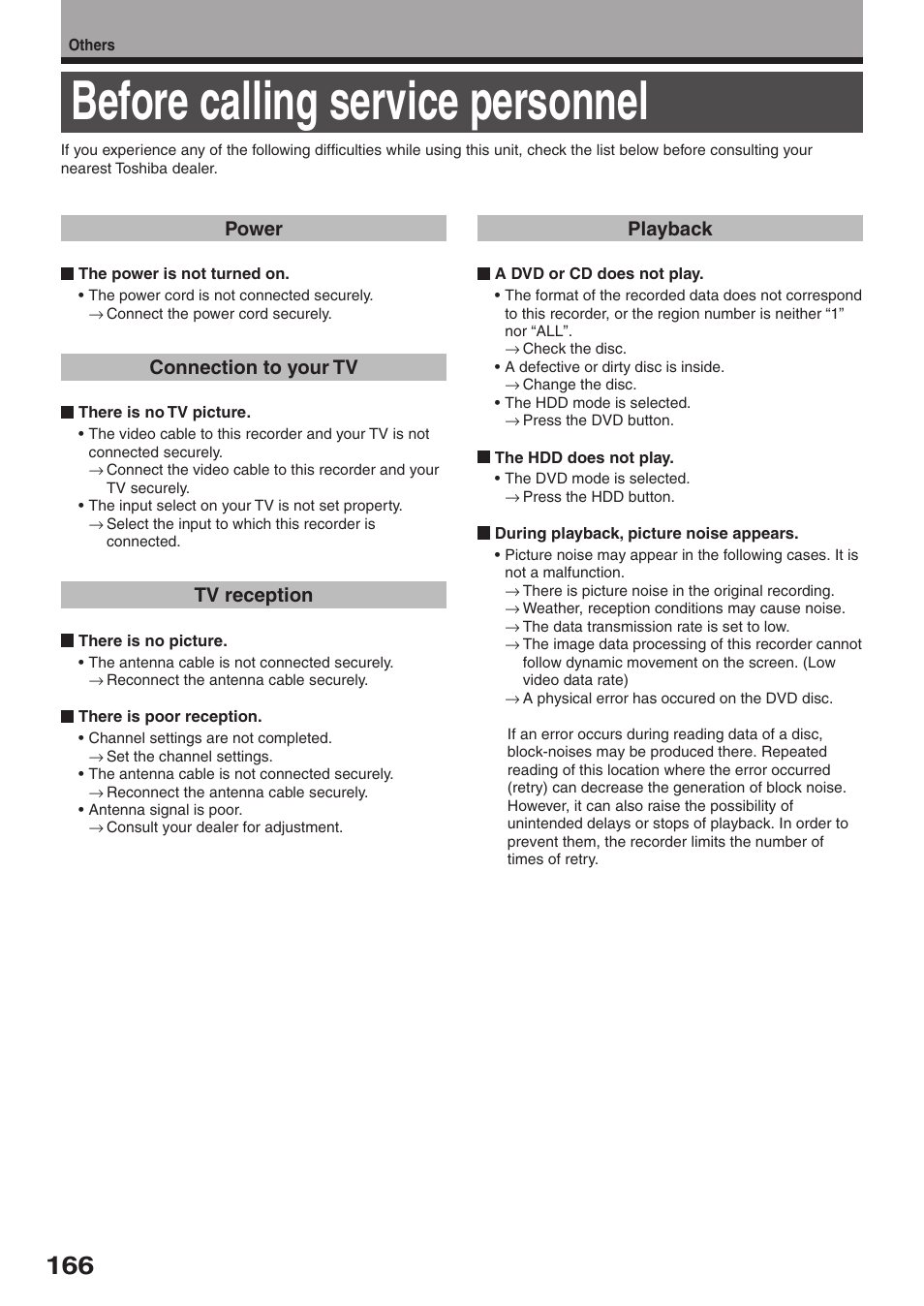 Before calling service personnel | Toshiba RD-XS32SU User Manual | Page 166 / 179