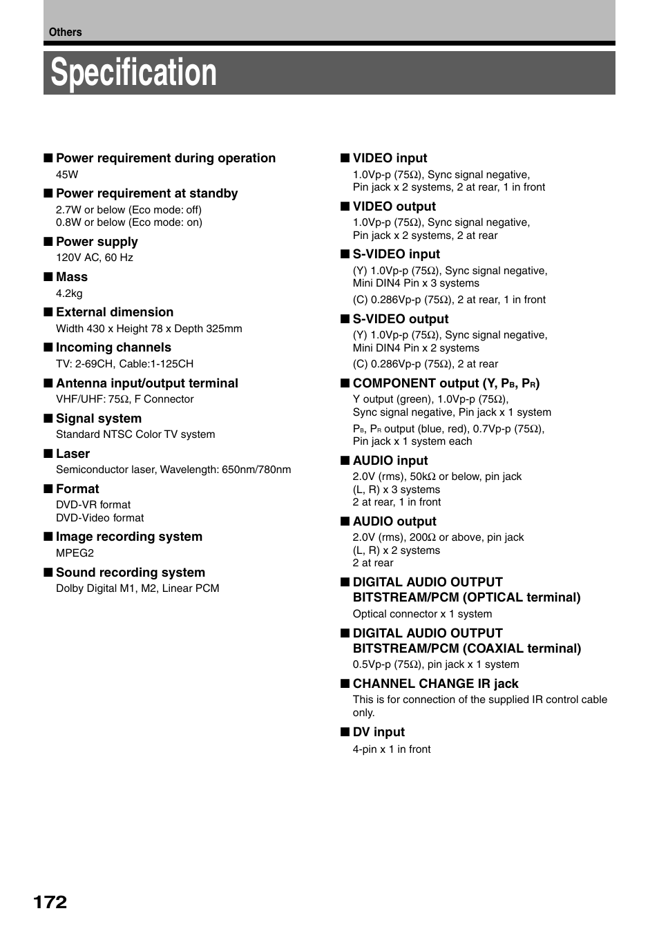 Specification | Toshiba RD-XS32SU User Manual | Page 172 / 179