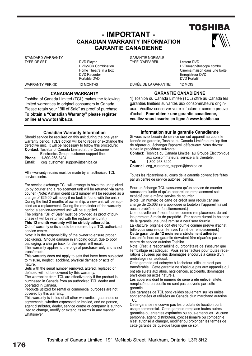 Important, Canadian warranty information garantie canadienne | Toshiba RD-XS32SU User Manual | Page 176 / 179