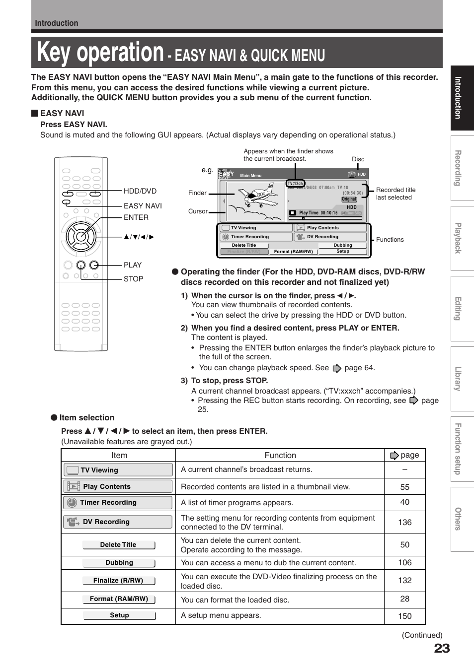 Key operation, Easy navi & quick menu | Toshiba RD-XS32SU User Manual | Page 23 / 179