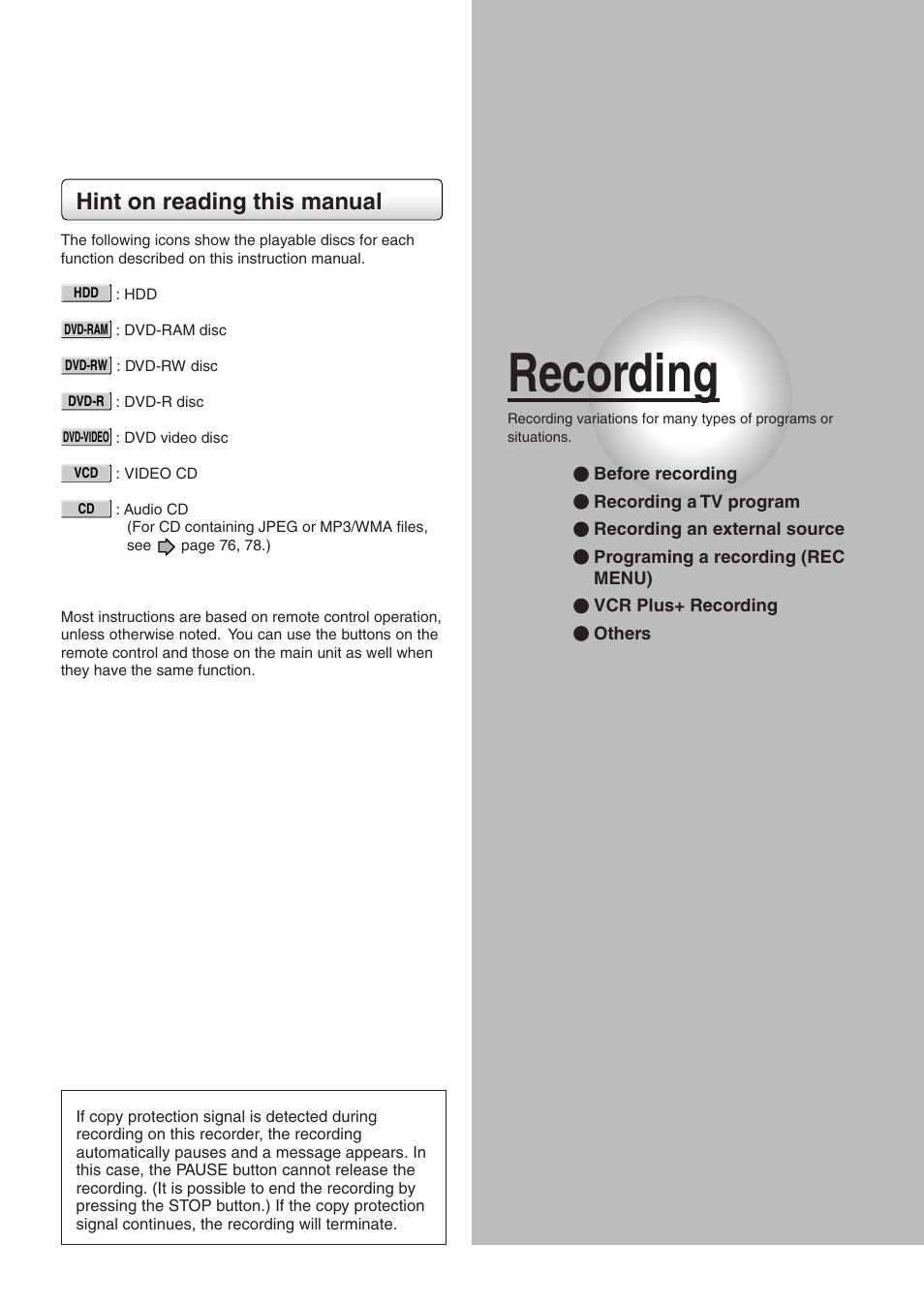 Recording, Hint on reading this manual | Toshiba RD-XS32SU User Manual | Page 25 / 179