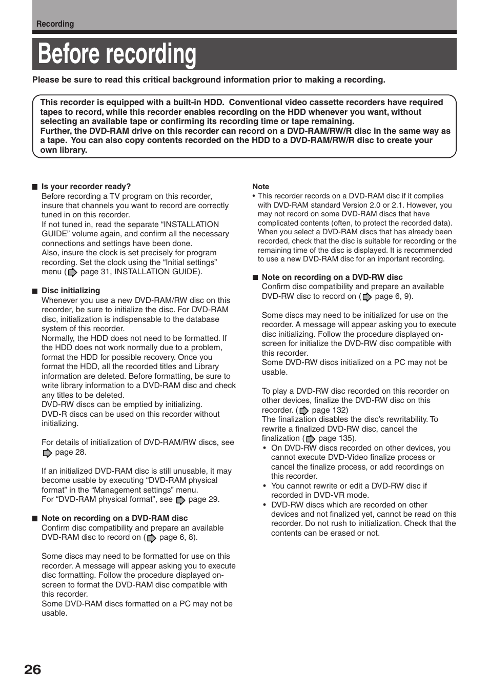 Before recording | Toshiba RD-XS32SU User Manual | Page 26 / 179