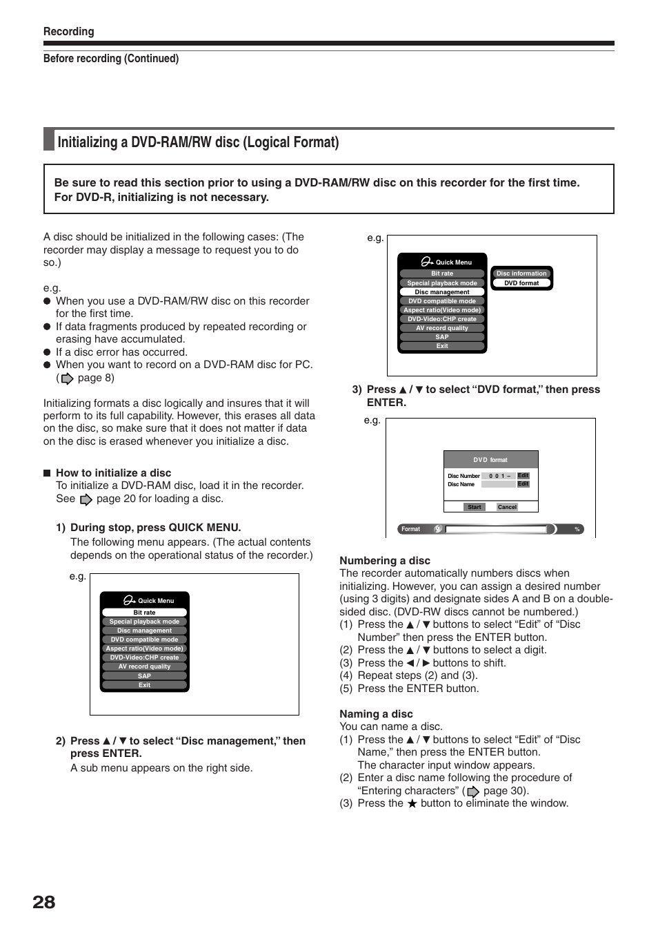 Initializing a dvd-ram/rw disc (logical format) | Toshiba RD-XS32SU User Manual | Page 28 / 179