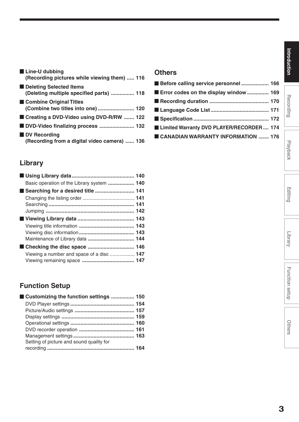 Library, Function setup, Others | Toshiba RD-XS32SU User Manual | Page 3 / 179