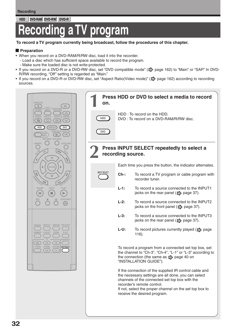 Recording a tv program, Press hdd or dvd to select a media to record on | Toshiba RD-XS32SU User Manual | Page 32 / 179