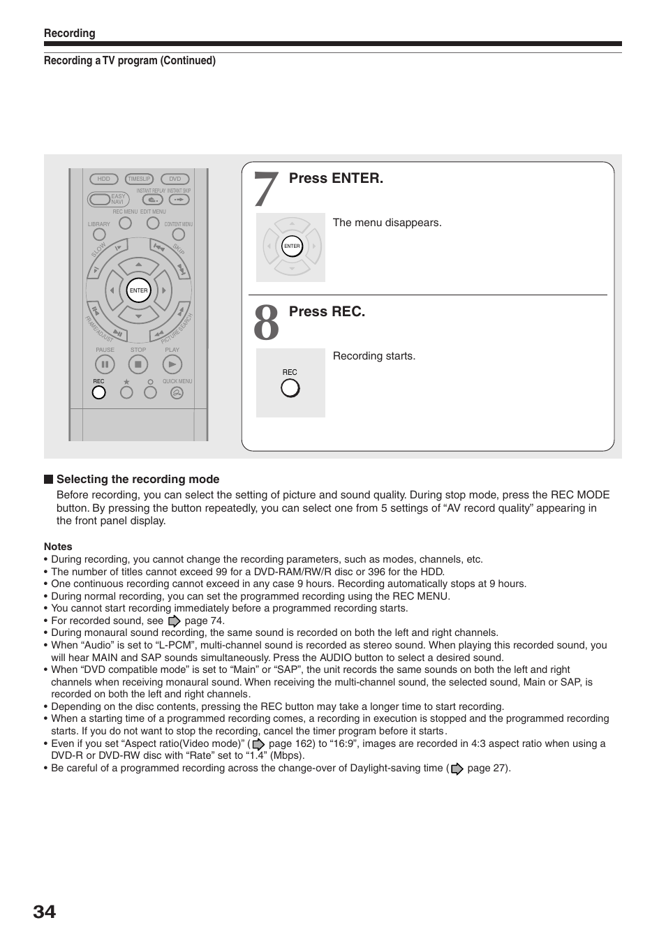 Press enter, Press rec | Toshiba RD-XS32SU User Manual | Page 34 / 179