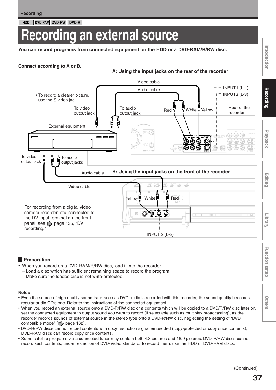 Recording an external source, Preparation, Continued) | Toshiba RD-XS32SU User Manual | Page 37 / 179