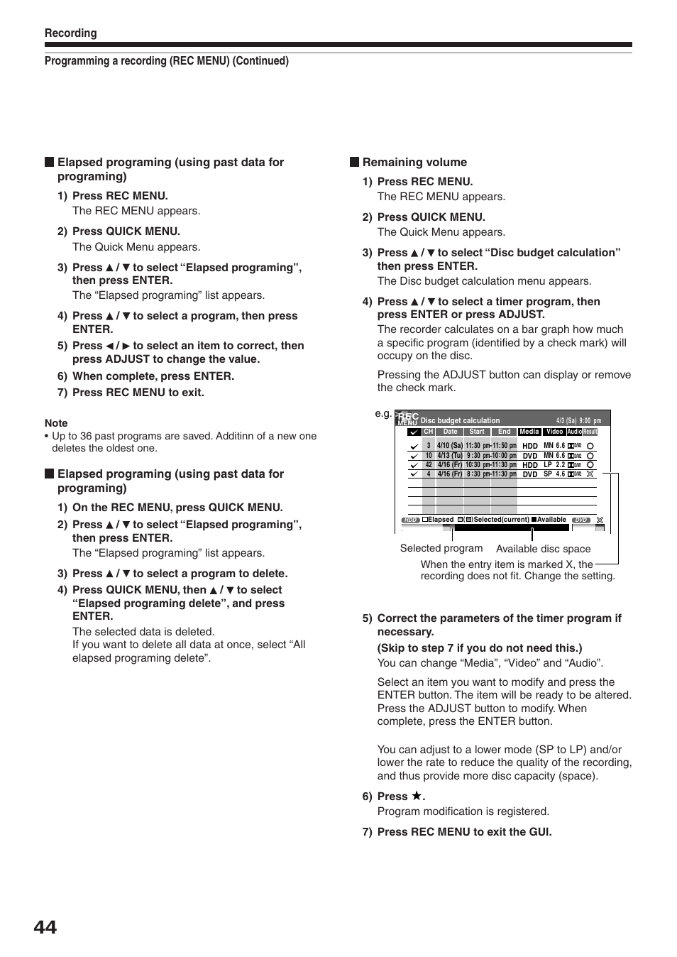 Remaining volume | Toshiba RD-XS32SU User Manual | Page 44 / 179