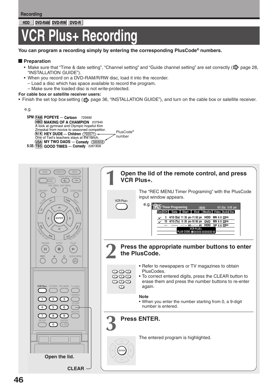 Vcr plus+ recording, Press enter, Recording | Numbers. preparation, Open the lid. clear | Toshiba RD-XS32SU User Manual | Page 46 / 179