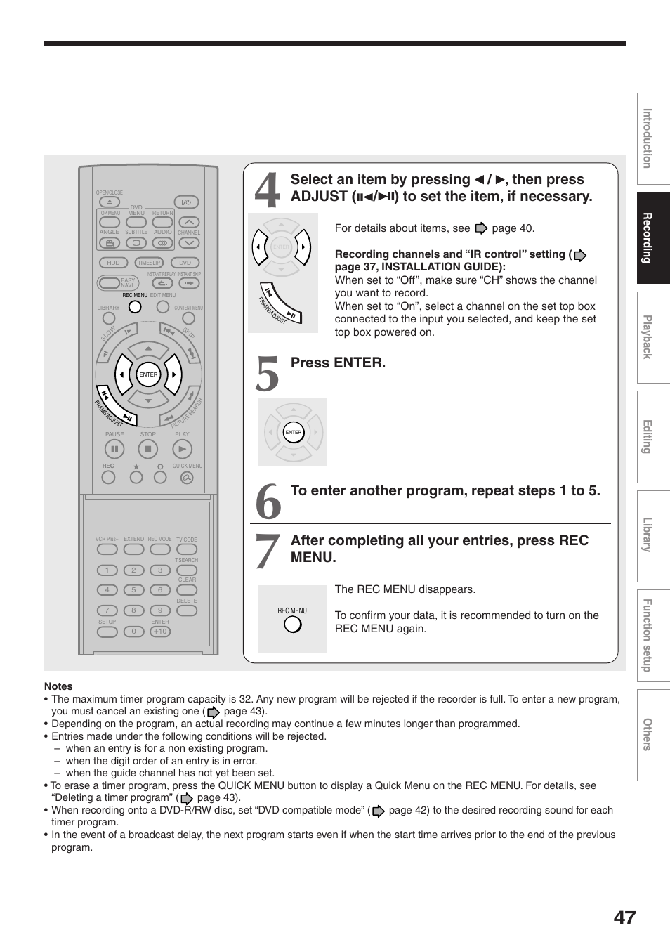 Press enter, After completing all your entries, press rec menu | Toshiba RD-XS32SU User Manual | Page 47 / 179