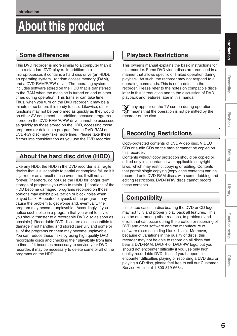 About this product, Some differences, About the hard disc drive (hdd) | Playback restrictions, Recording restrictions, Compatiblity | Toshiba RD-XS32SU User Manual | Page 5 / 179