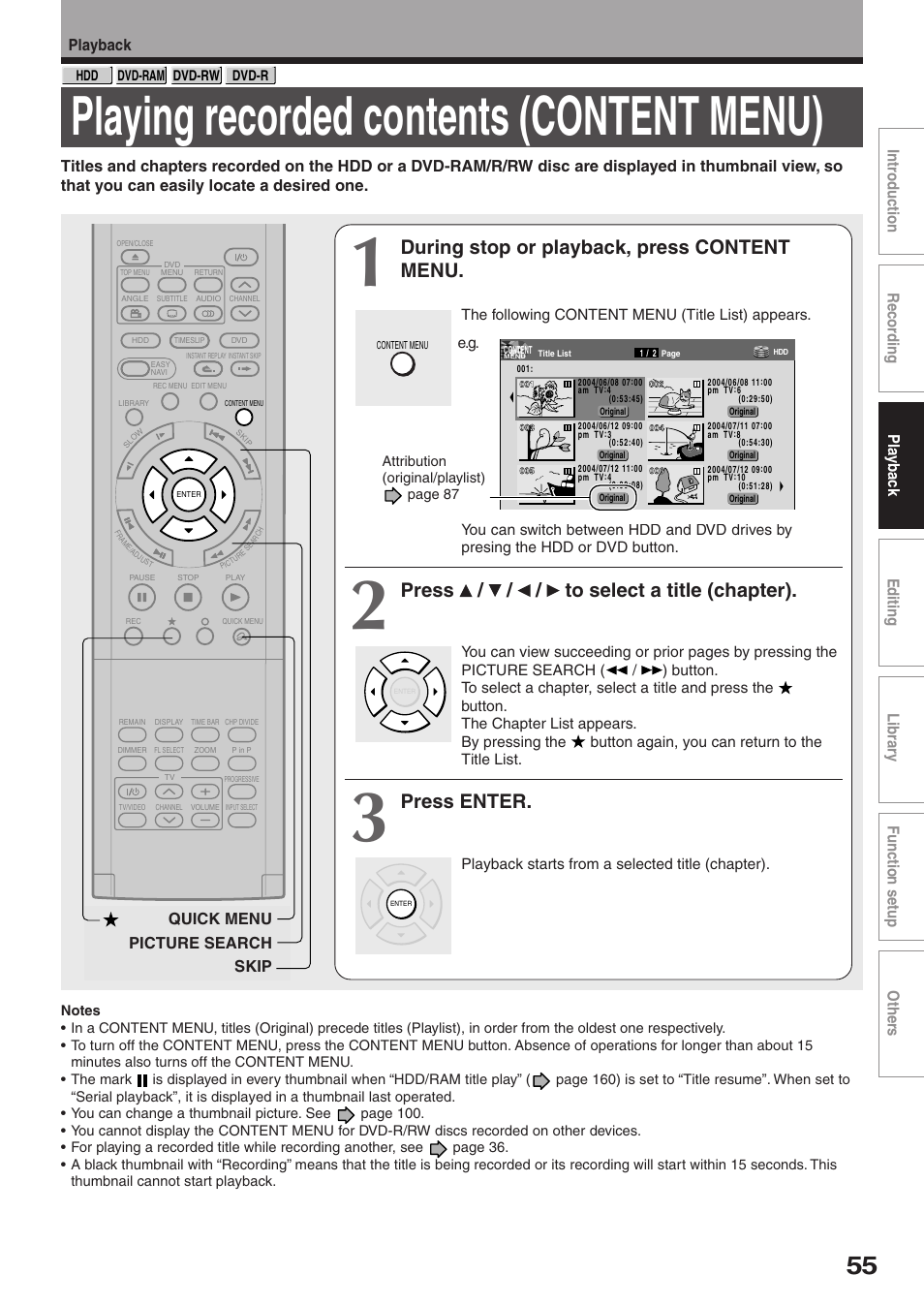 Playing recorded contents (content menu), During stop or playback, press content menu, Press / / / to select a title (chapter) | Press enter | Toshiba RD-XS32SU User Manual | Page 55 / 179