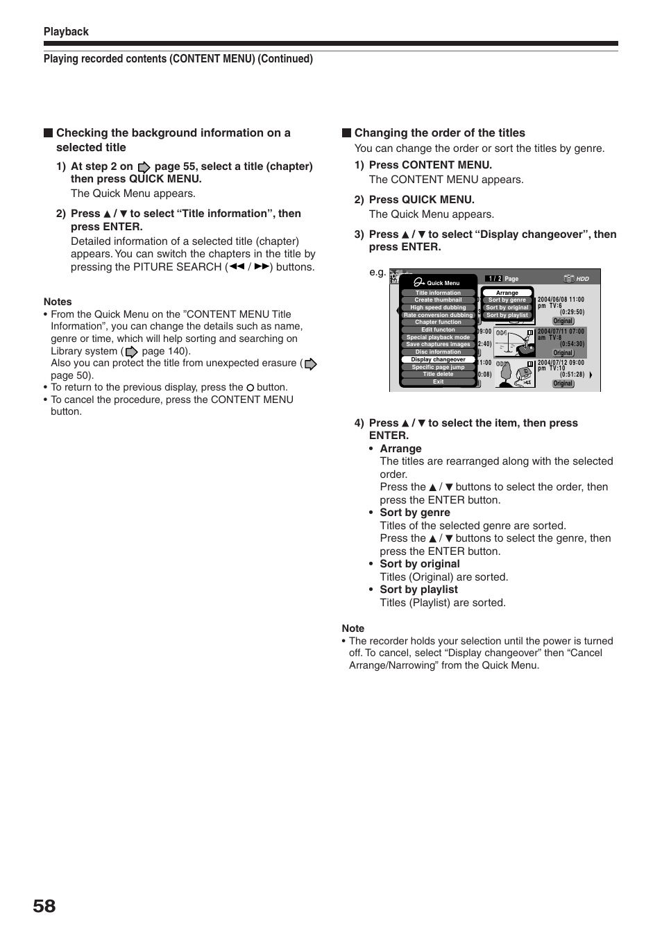 Changing the order of the titles | Toshiba RD-XS32SU User Manual | Page 58 / 179