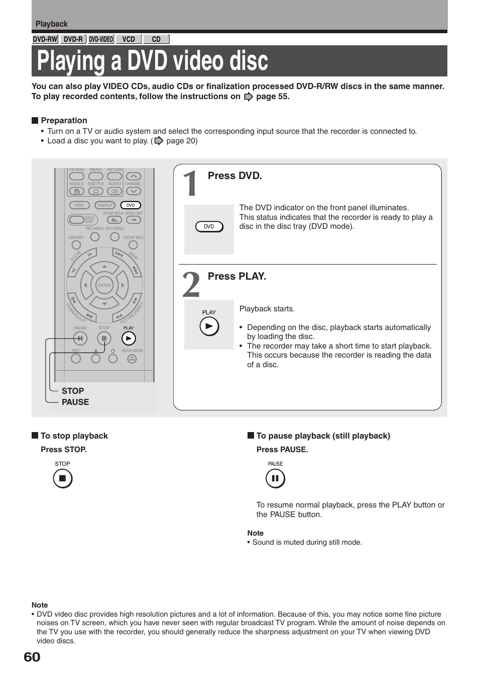 Playing a dvd video disc, Press dvd, Press play | Toshiba RD-XS32SU User Manual | Page 60 / 179