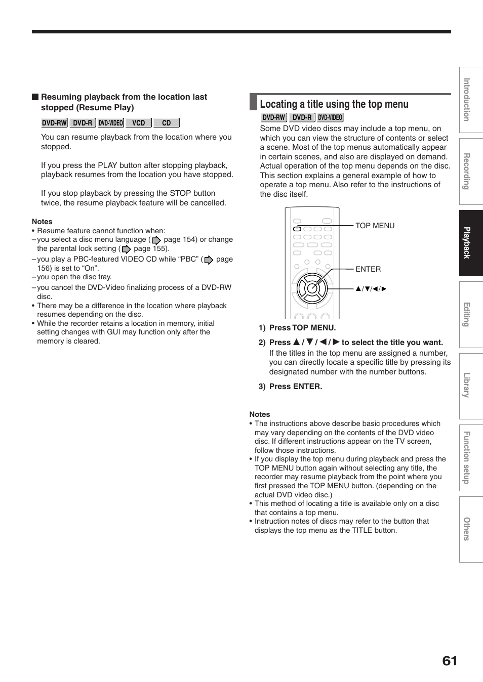 Locating a title using the top menu | Toshiba RD-XS32SU User Manual | Page 61 / 179