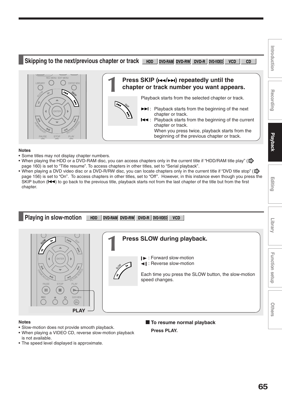 Skipping to the next/previous chapter or track, Playing in slow-motion, Press slow during playback | Toshiba RD-XS32SU User Manual | Page 65 / 179