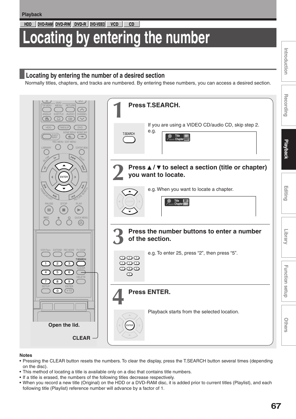 Locating by entering the number, Press t.search, Press enter | Toshiba RD-XS32SU User Manual | Page 67 / 179