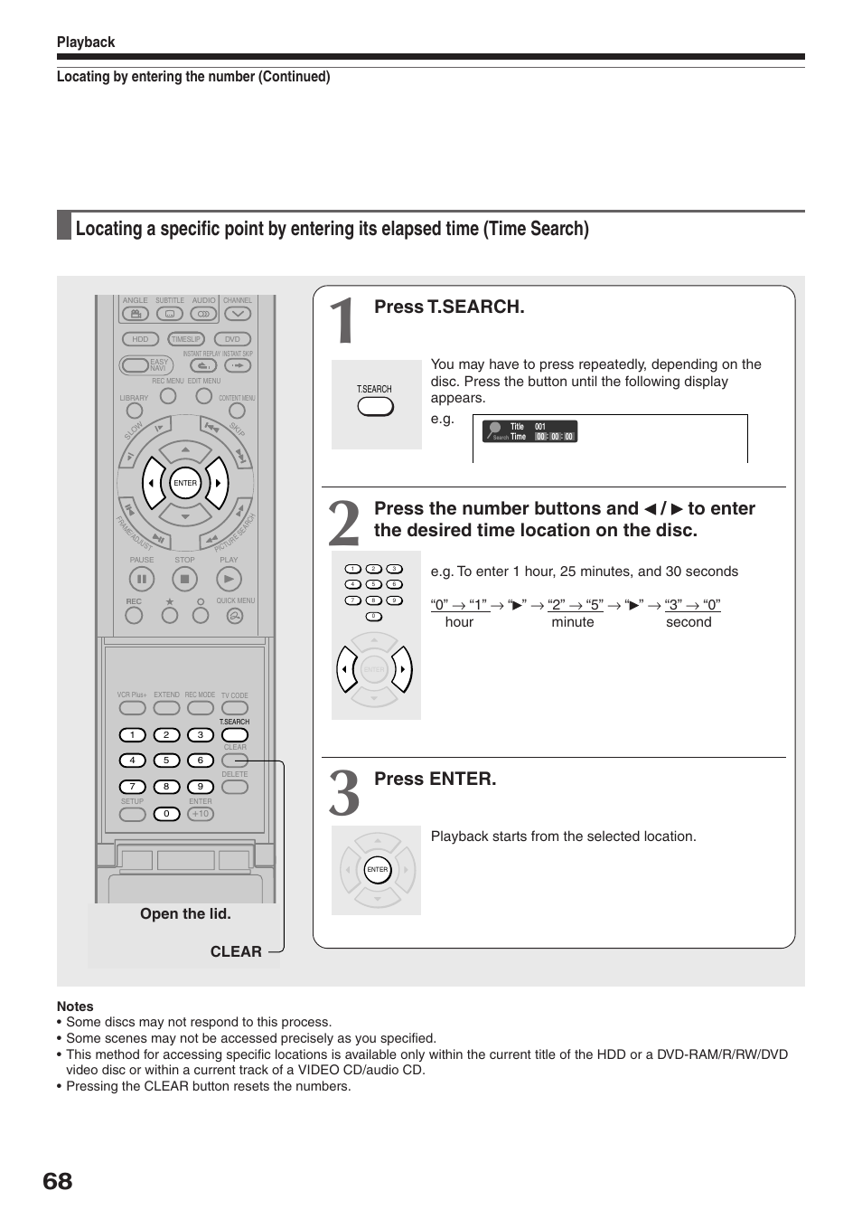 Press t.search, Press enter, Open the lid. clear | Toshiba RD-XS32SU User Manual | Page 68 / 179