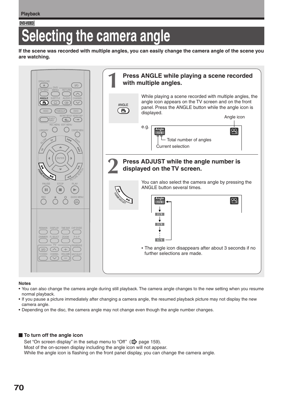 Selecting the camera angle, Playback | Toshiba RD-XS32SU User Manual | Page 70 / 179