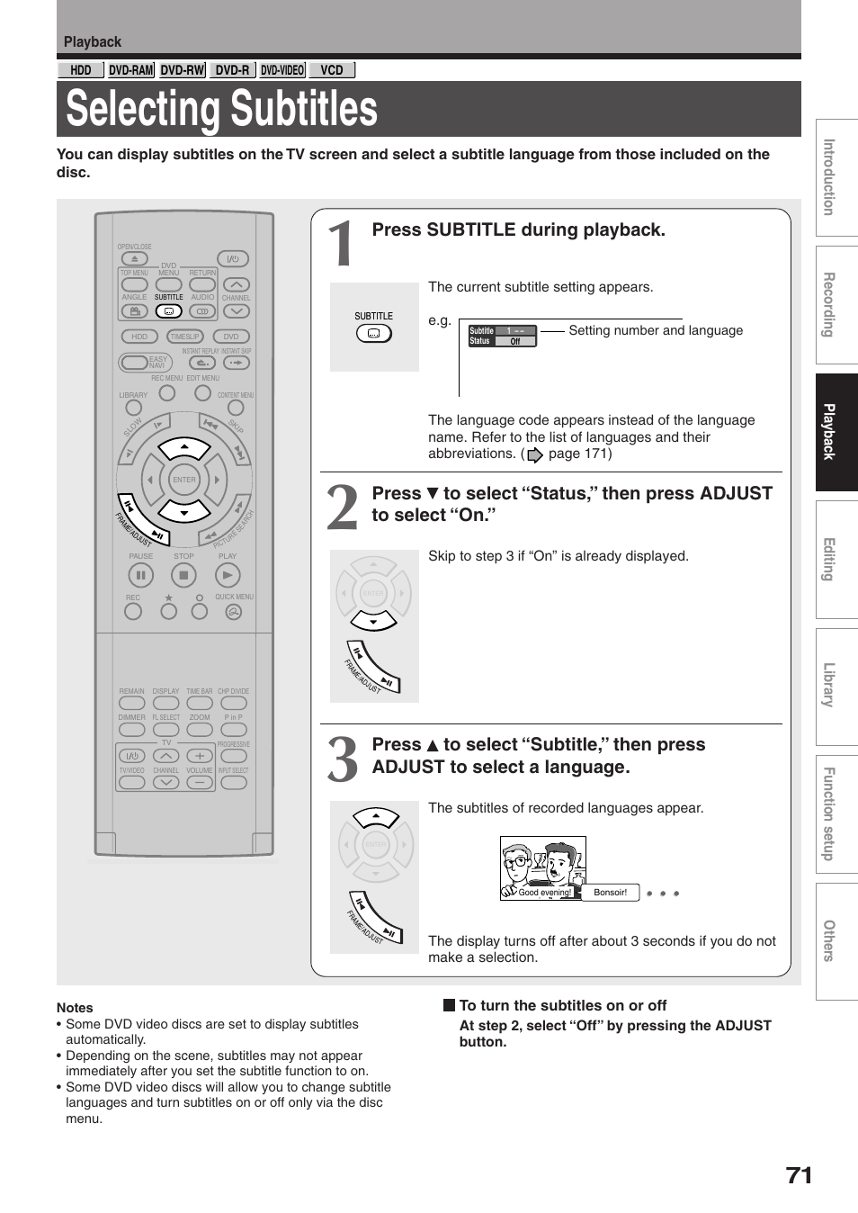 Selecting subtitles, Press subtitle during playback | Toshiba RD-XS32SU User Manual | Page 71 / 179