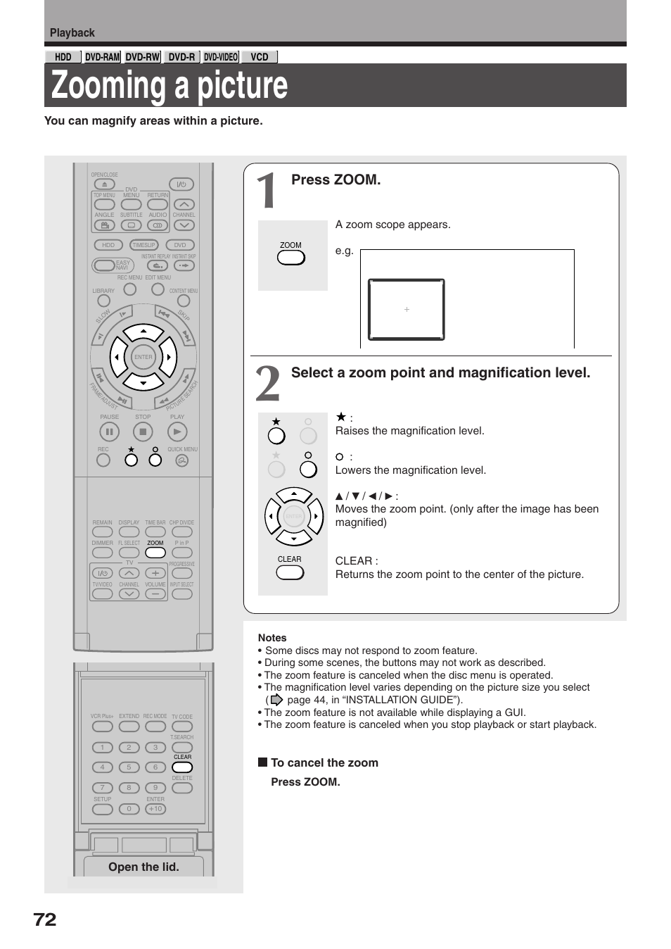 Zooming a picture, Press zoom, Select a zoom point and magnification level | Playback, You can magnify areas within a picture, Open the lid | Toshiba RD-XS32SU User Manual | Page 72 / 179