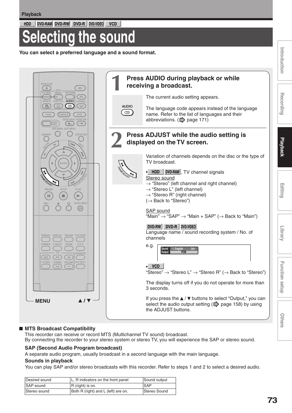 Selecting the sound | Toshiba RD-XS32SU User Manual | Page 73 / 179