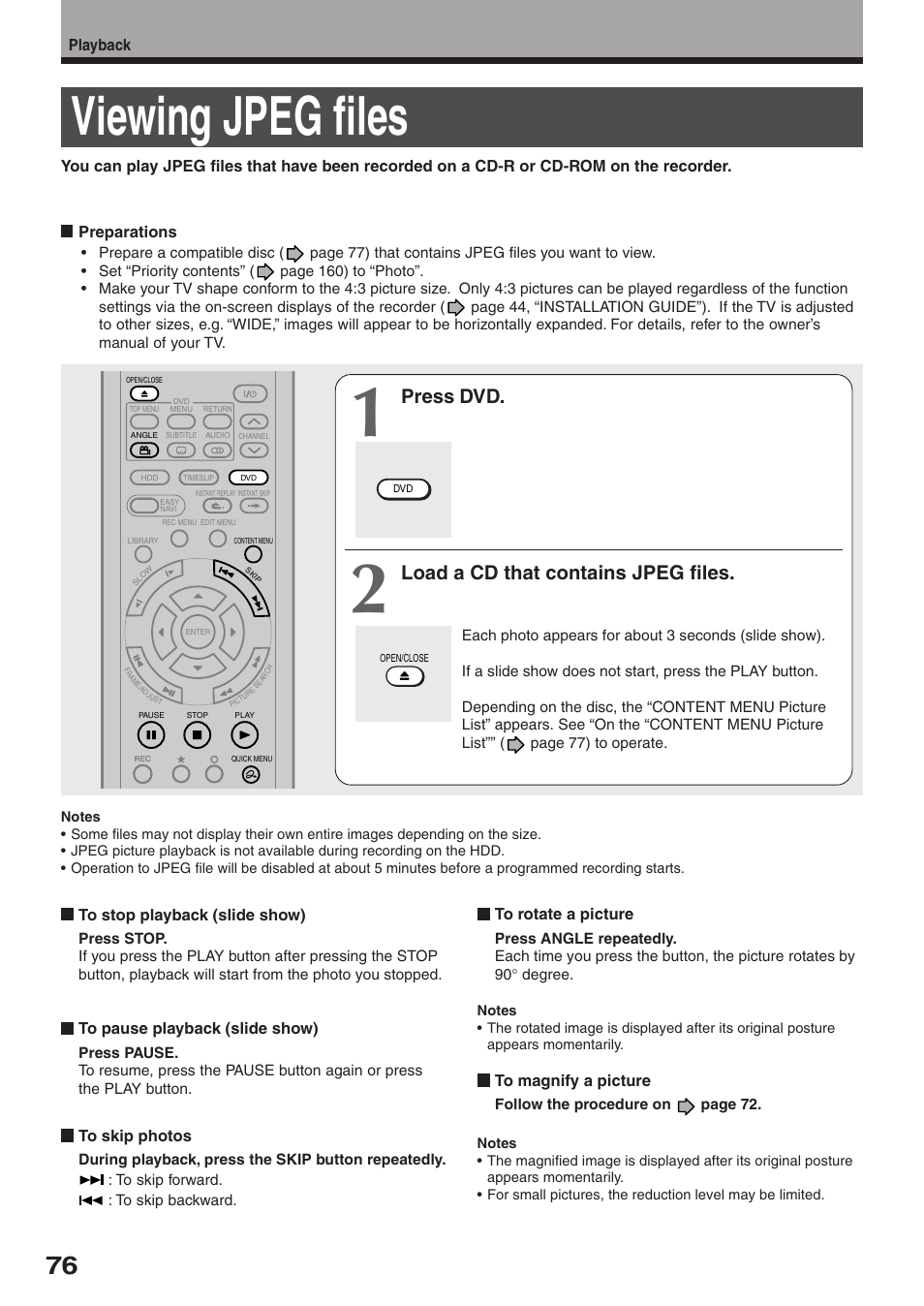 Viewing jpeg files, Press dvd, Load a cd that contains jpeg files | Toshiba RD-XS32SU User Manual | Page 76 / 179