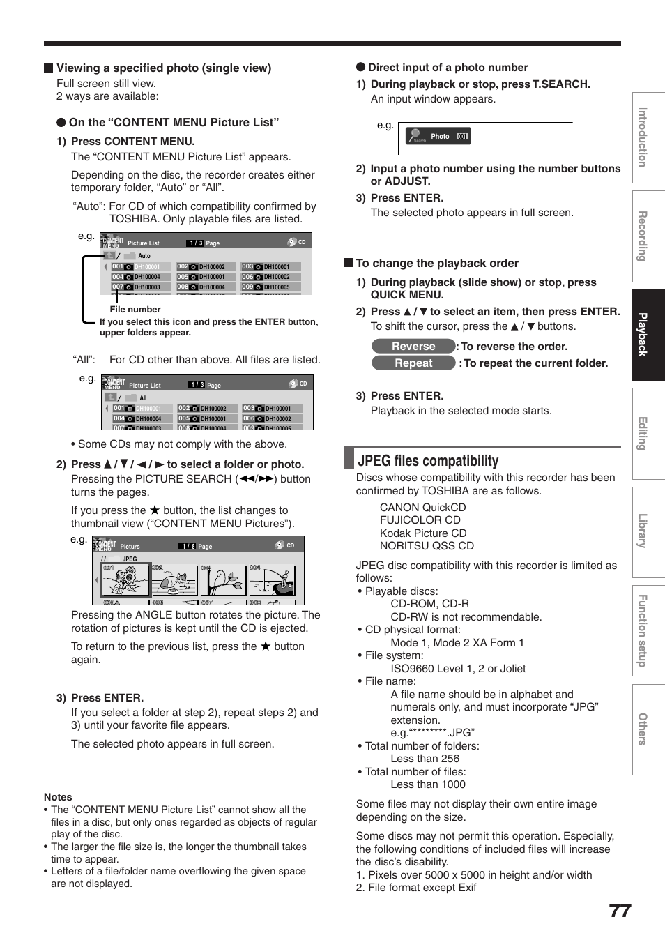 Jpeg files compatibility, On the “content menu picture list, Reverse | Repeat | Toshiba RD-XS32SU User Manual | Page 77 / 179