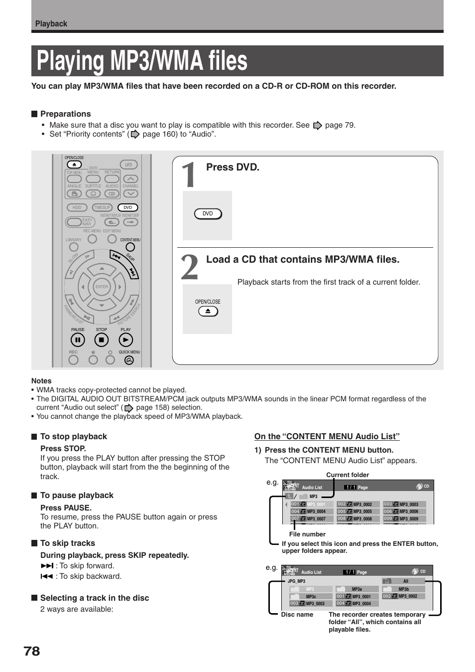 Playing mp3/wma files, Press dvd, Load a cd that contains mp3/wma files | Selecting a track in the disc, On the “content menu audio list | Toshiba RD-XS32SU User Manual | Page 78 / 179