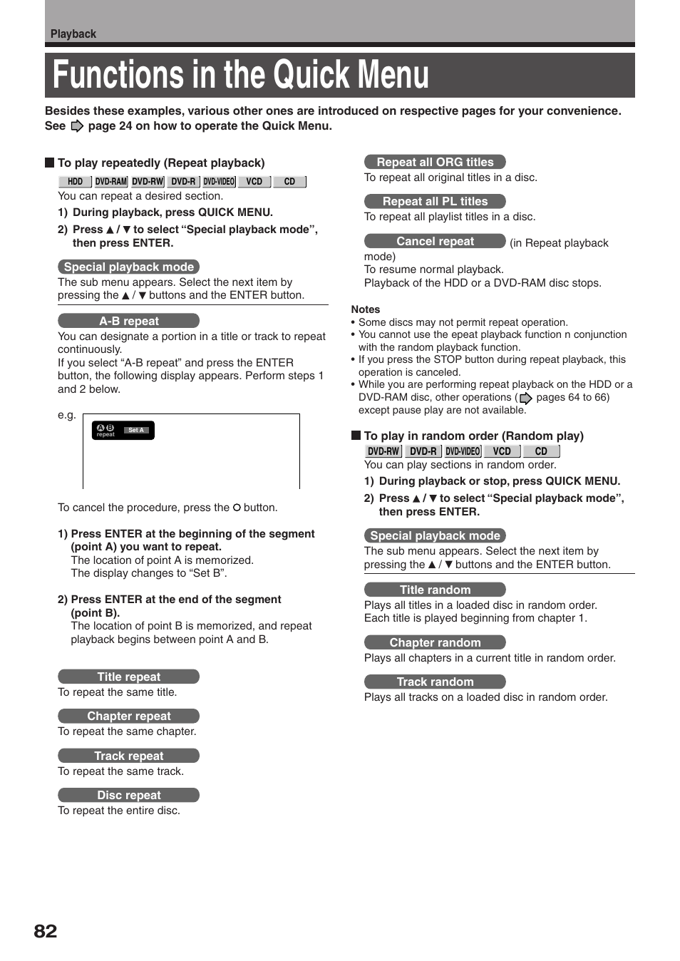 Functions in the quick menu | Toshiba RD-XS32SU User Manual | Page 82 / 179