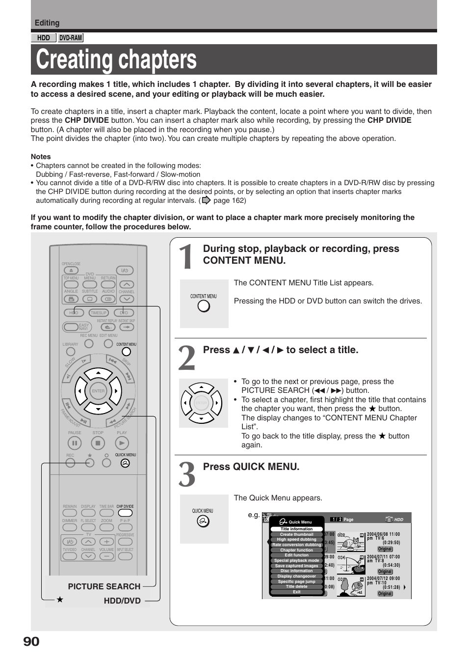 Creating chapters, Press / / / to select a title, Press quick menu | Editing, Picture search hdd/dvd | Toshiba RD-XS32SU User Manual | Page 90 / 179