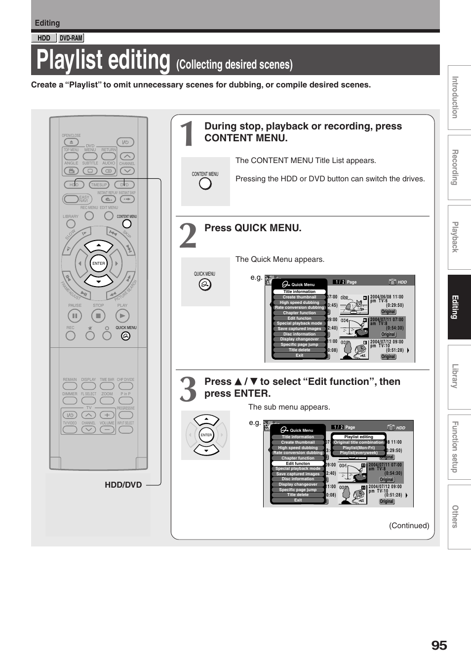 Playlist editing, Collecting desired scenes), Press quick menu | Hdd/dvd, The quick menu appears, The sub menu appears. (continued) | Toshiba RD-XS32SU User Manual | Page 95 / 179